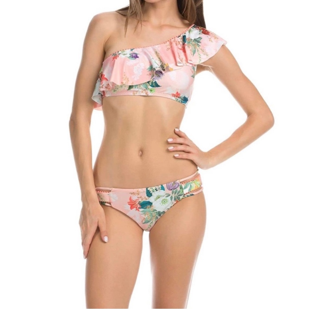 Isabella Rose pink floral one shoulder bikini top bottom swimwear - size medium